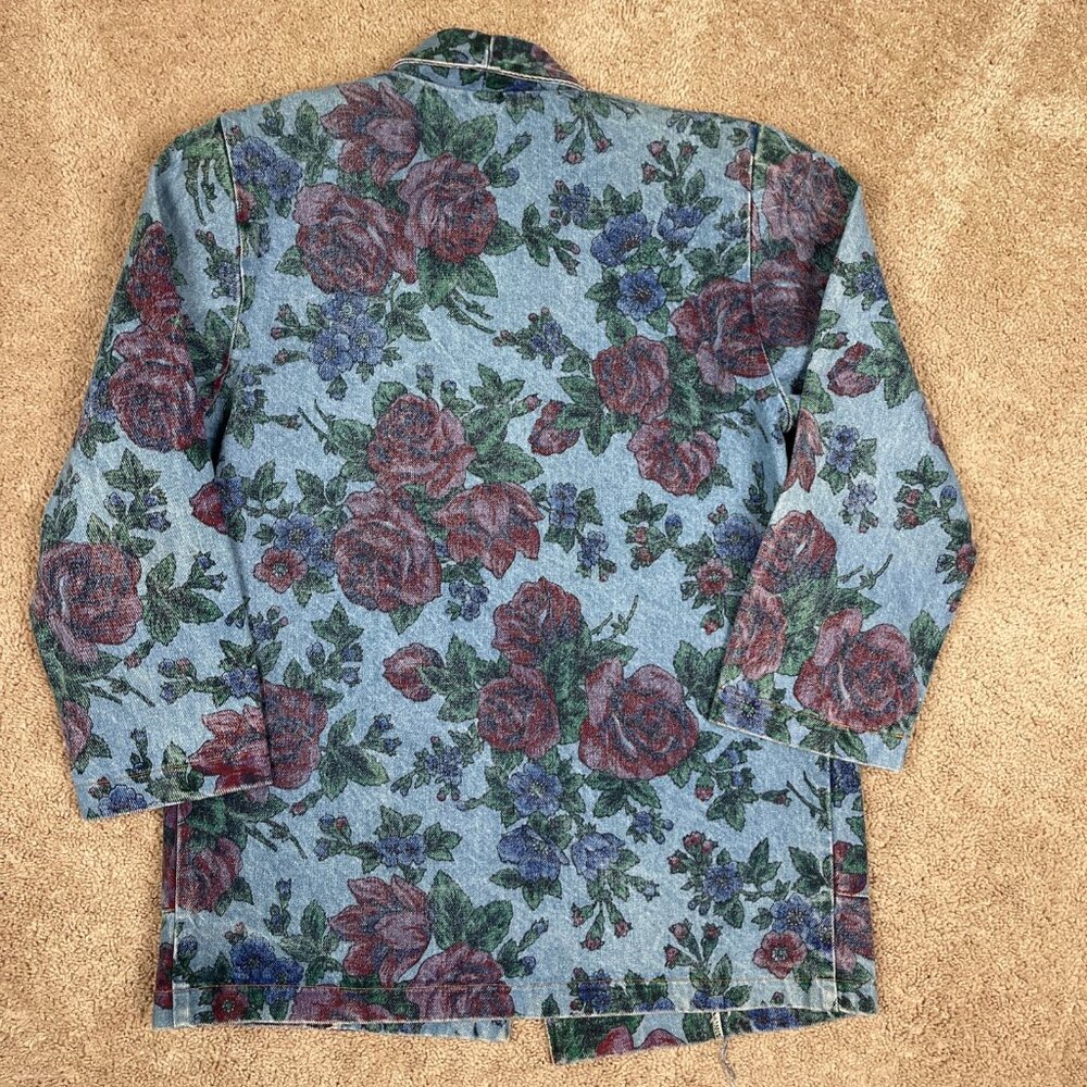 JOUJOU Blazer Womens S Blue Denim Floral Vintage 80s Oversized Boxy Long Jacket - Picture 13 of 13
